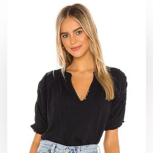 Free People Fever Dream T-Shirt Ruched Sleeves Smocked Textured Black Size S